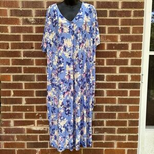 Serenada Sz L Colorful Flower Print V-neck Muumuu House Dress Side Pockets NWT